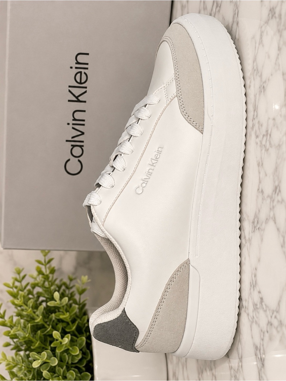 Calvin Klein Men's White Leather Sneaker with Light Gray Suede Accents